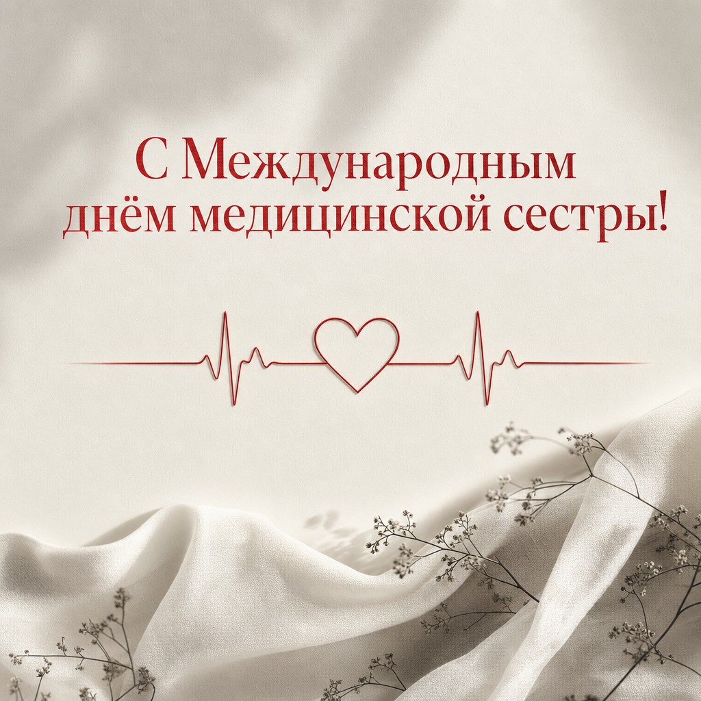 Лаконичная премиальная открытка ко Дню медицинской сестры с красной линией пульса и сердцем.