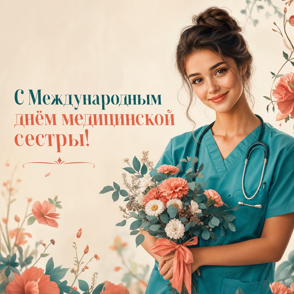 Современная открытка ко Дню медицинской сестры с добрым портретом медсестры и букетом.