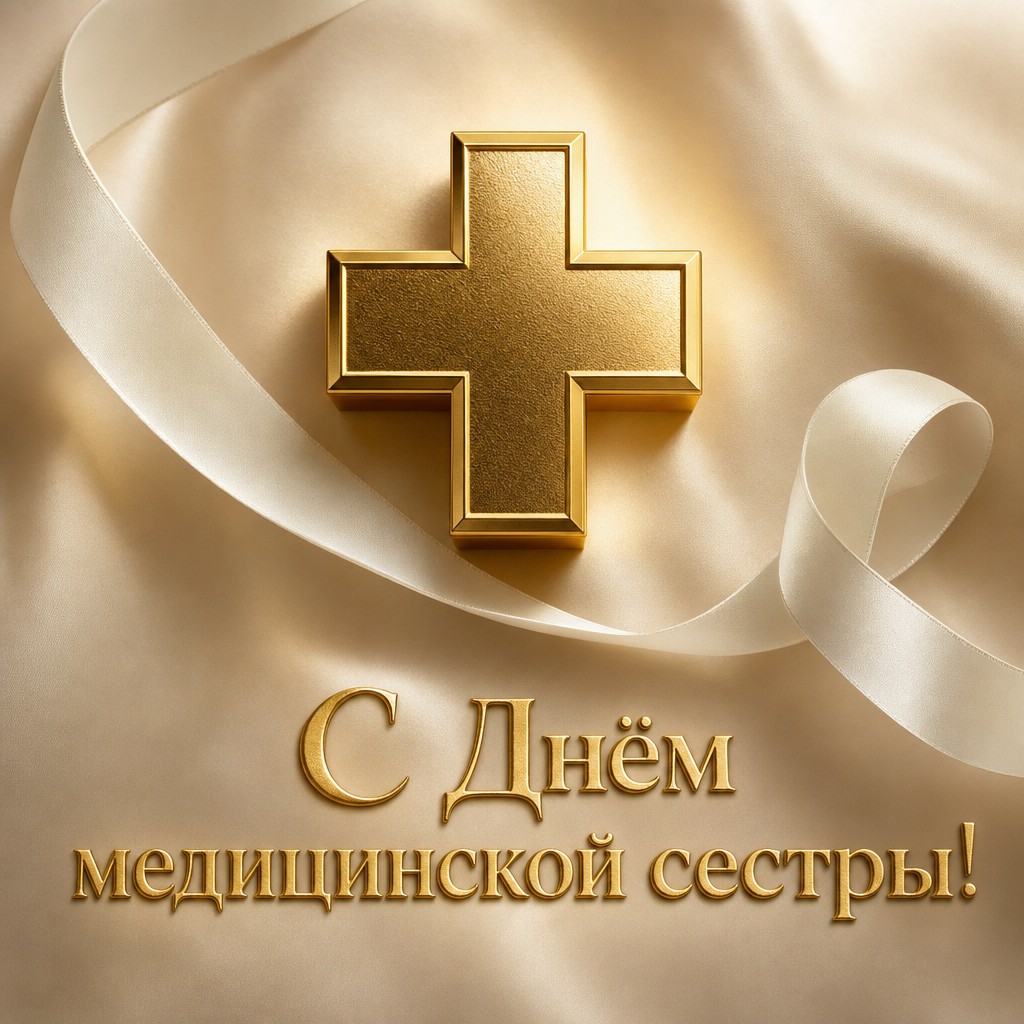 Стильная люксовая открытка ко Дню медицинской сестры с золотым медицинским крестом и атласной лентой.