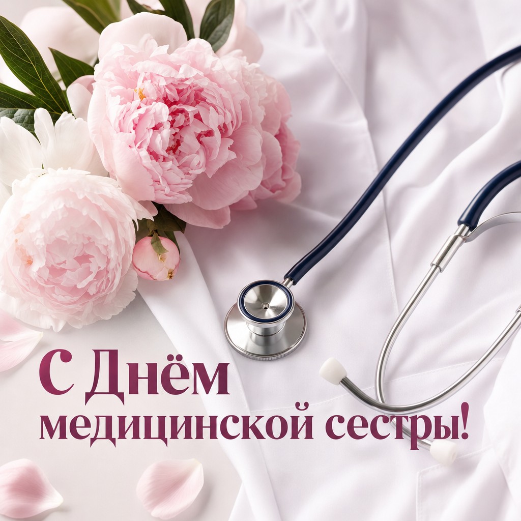 Нежная премиальная открытка ко Дню медицинской сестры со стетоскопом, белым халатом и пионами.