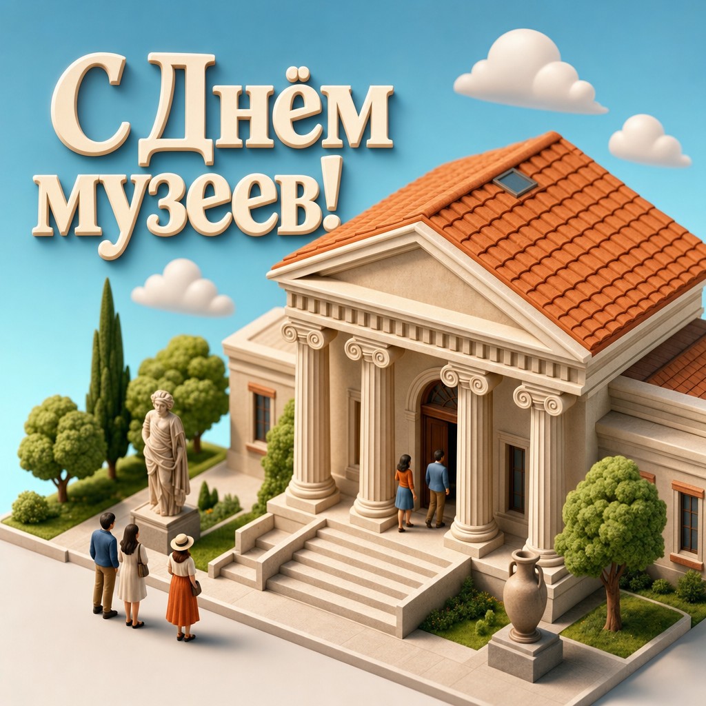Яркая 3D-открытка к Международному дню музеев с милым зданием музея и чистой композицией.