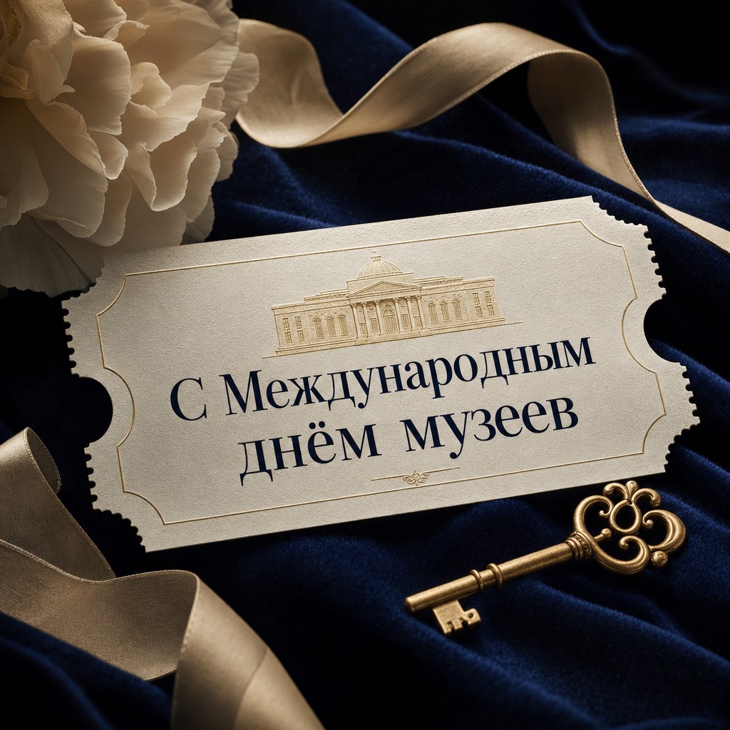 Стильная открытка к Международному дню музеев с золотым ключом, билетом и роскошной палитрой.