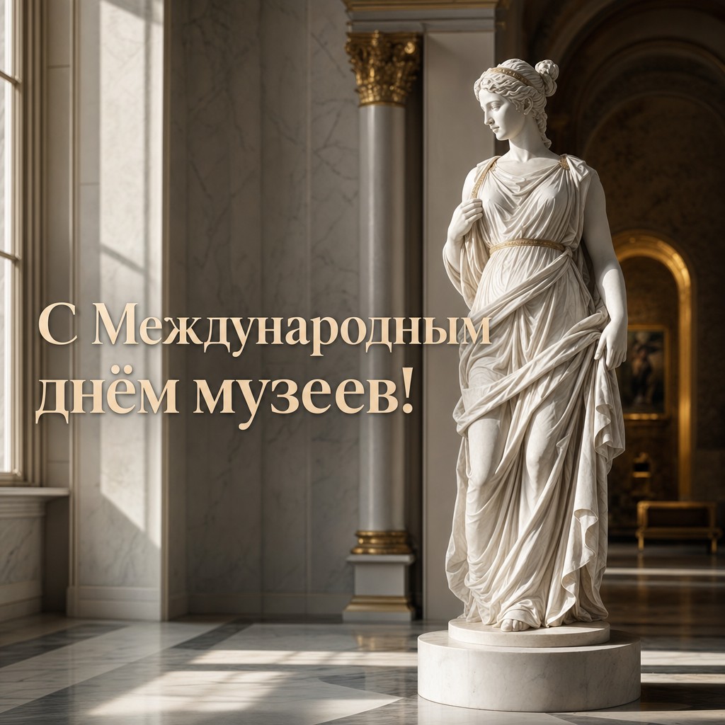 Премиальная открытка к Международному дню музеев с мраморной скульптурой и атмосферой большого зала.