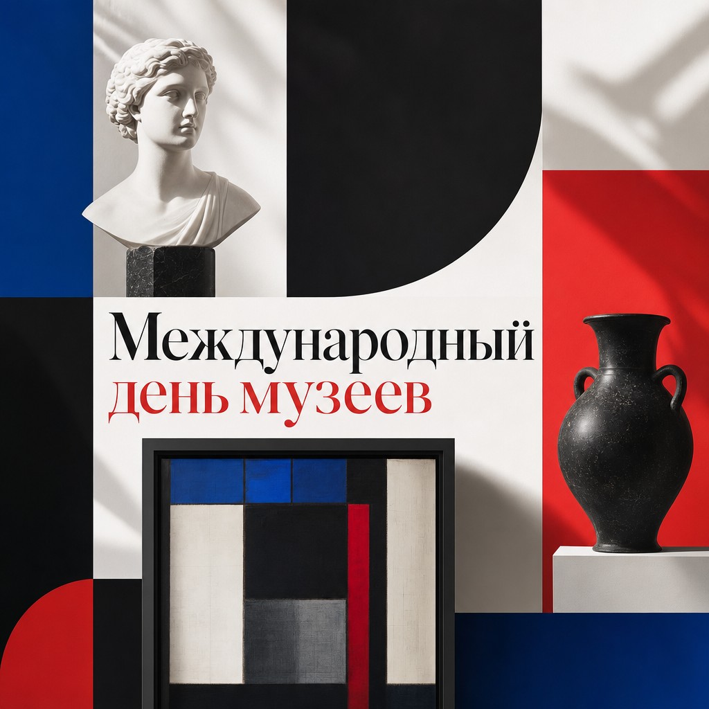 Современная открытка к Международному дню музеев с графичными силуэтами экспонатов и яркими акцентами.