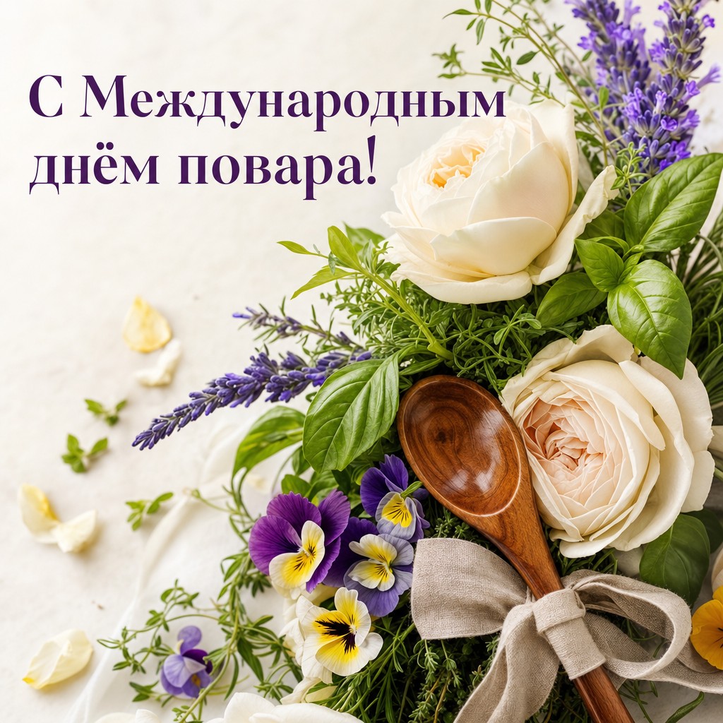 Нежная открытка для повара с цветами, пряными травами и деревянной ложкой в светлой палитре.
