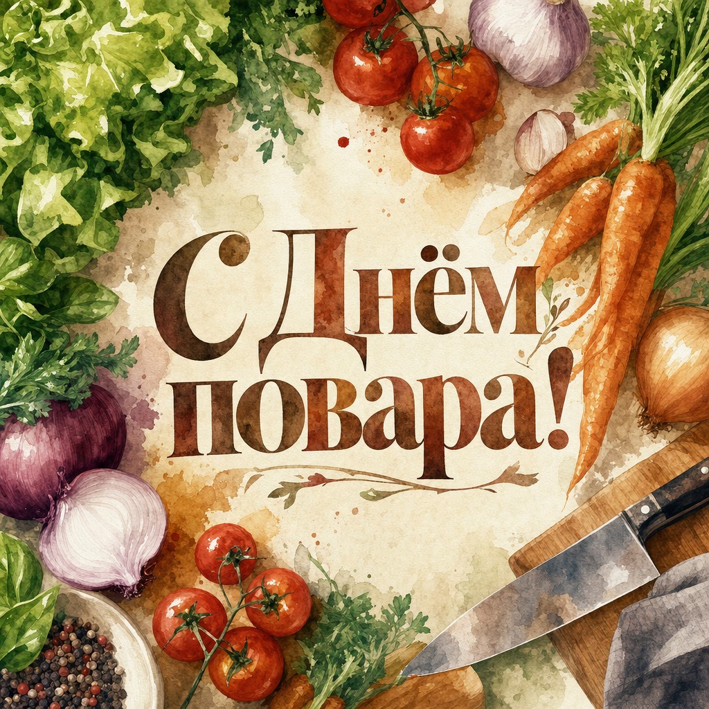 Акварельная открытка для повара с овощами, зеленью и поварским ножом на тёплом фоне.