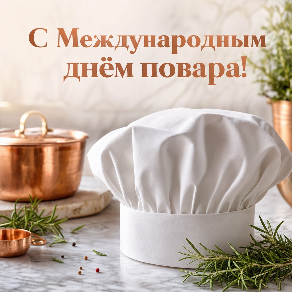 Премиальная открытка к Международному дню повара с белым колпаком, мрамором и медными деталями.