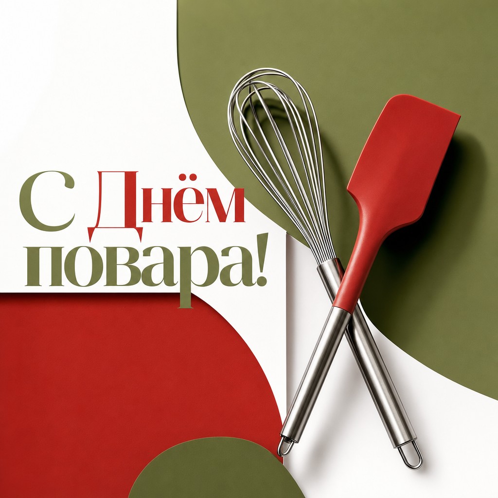 Современная открытка для повара с венчиком, лопаткой и яркими графичными акцентами.