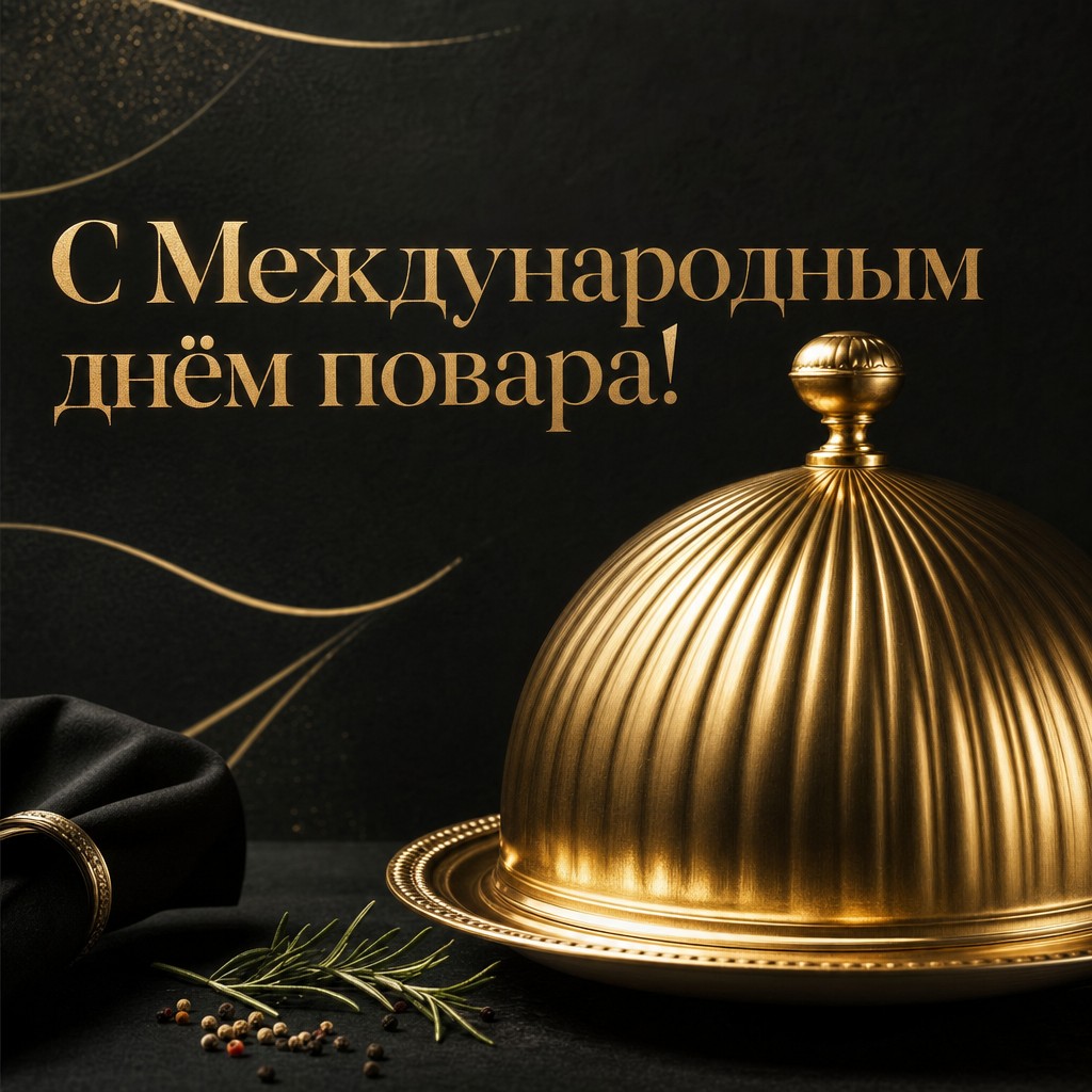 Элегантная открытка к Международному дню повара с золотым клошем на чёрном фоне.