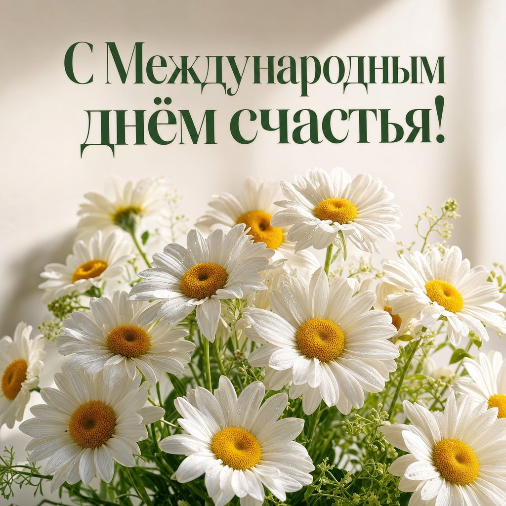 Нежная открытка на Международный день счастья с реалистичным букетом ромашек и свежей весенней палитрой.