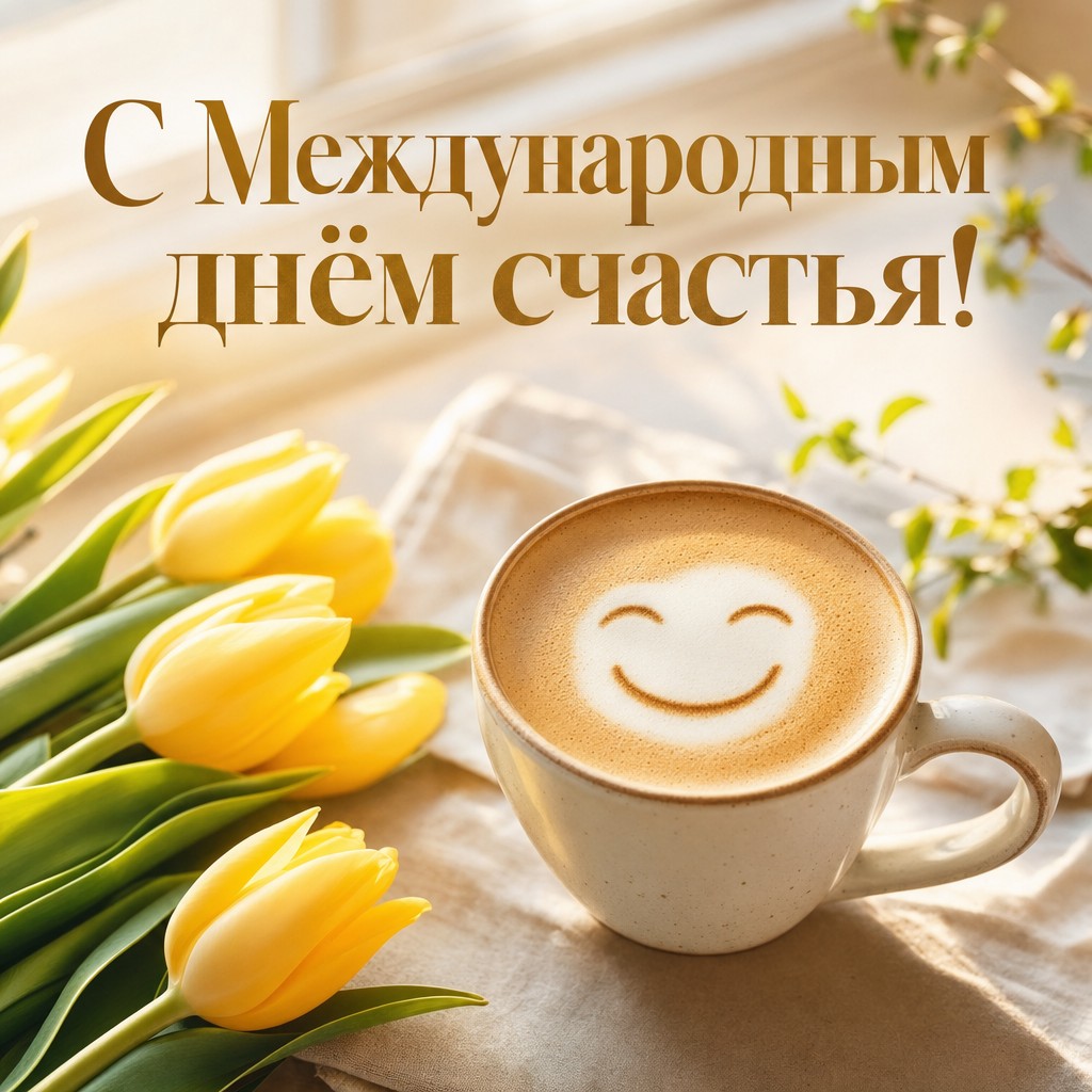 Нежная открытка на Международный день счастья с латте, улыбкой из пенки и жёлтыми тюльпанами.