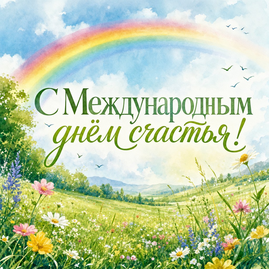 Светлая акварельная открытка на Международный день счастья с радугой, лугом и полевыми цветами.