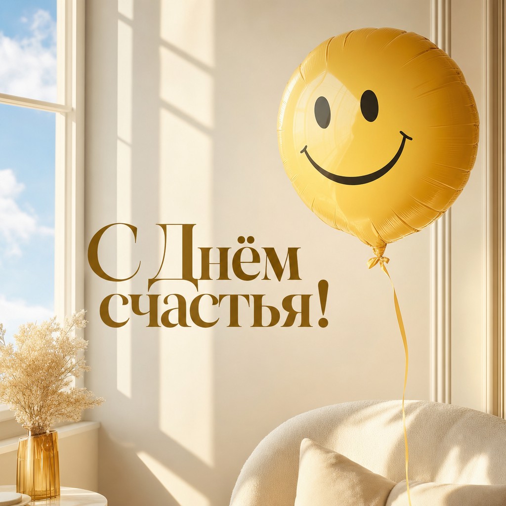 Светлая премиальная открытка на Международный день счастья с жёлтым шаром-смайлом и солнечным настроением.
