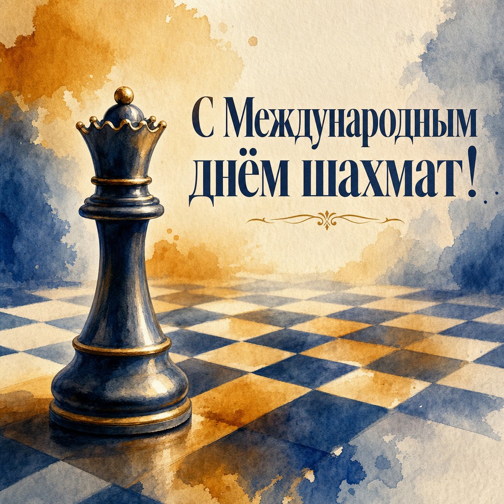 Художественная открытка на Международный день шахмат с акварельной королевой и мягкой доской в перспективе.