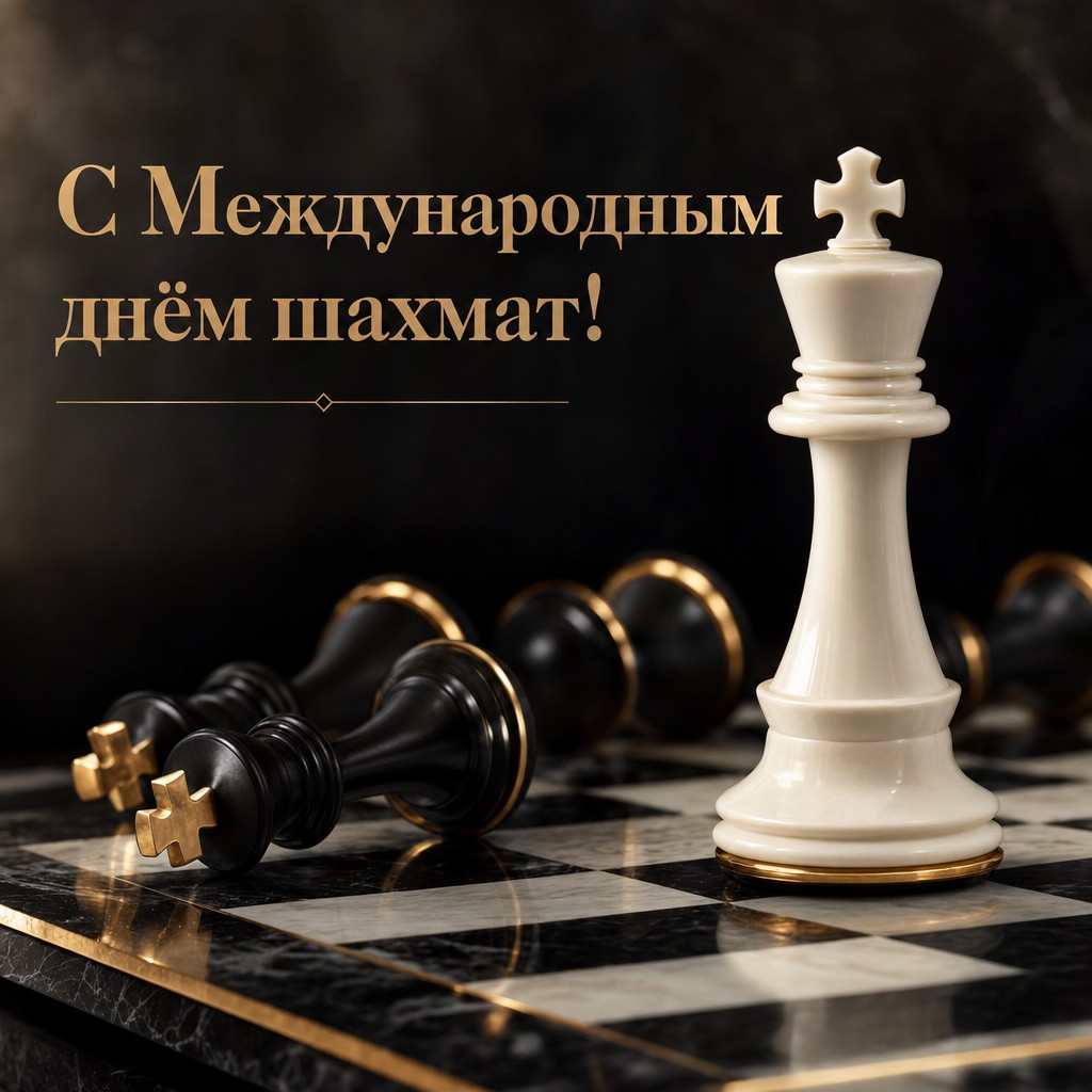 Премиальная открытка на Международный день шахмат с белым королём на мраморной доске и золотыми акцентами.