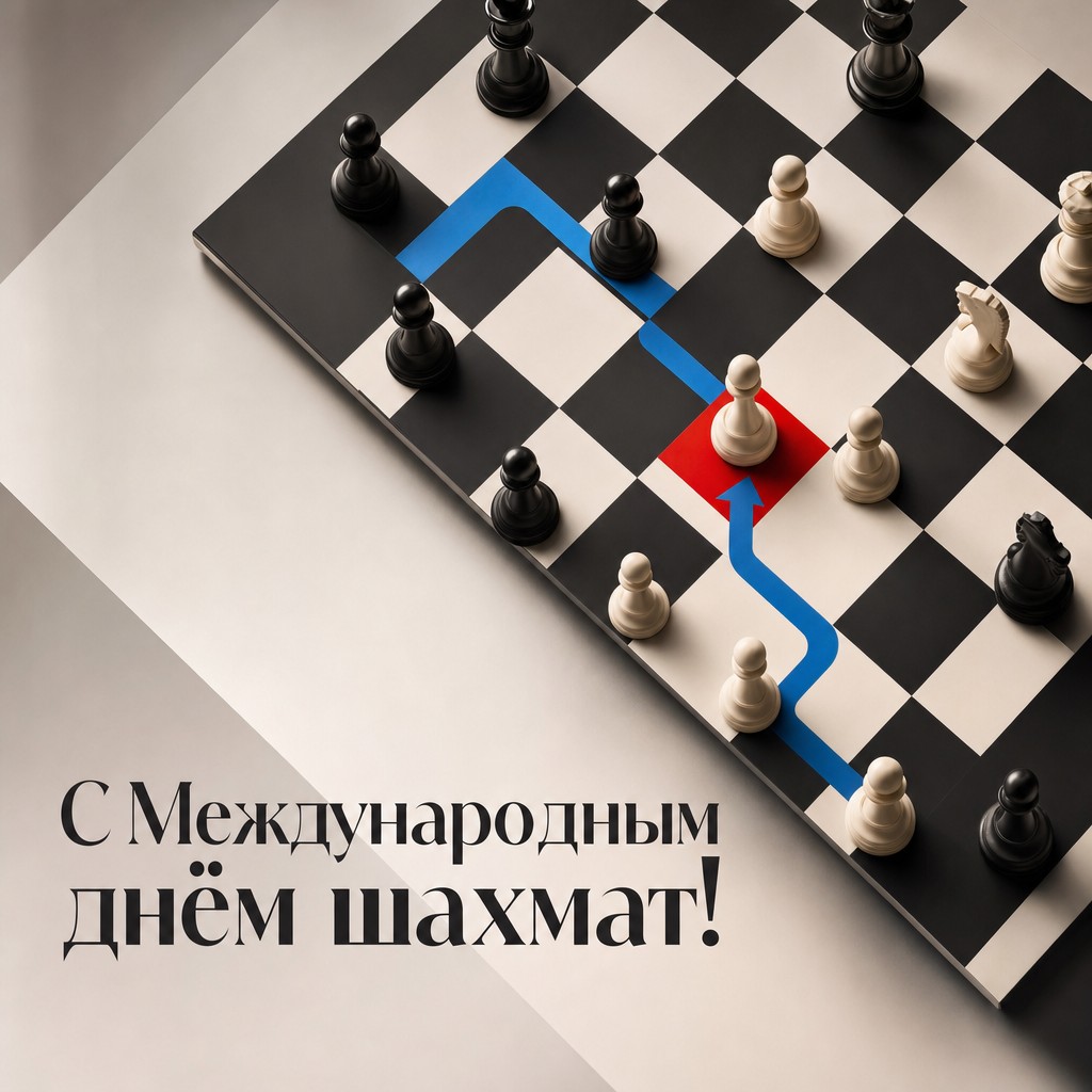Современная открытка на Международный день шахмат с графичной доской и яркой траекторией шахматного хода.