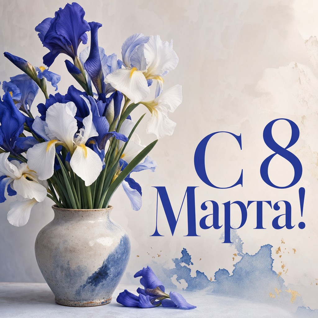 Современная открытка к 8 Марта с букетом ирисов в керамической вазе.