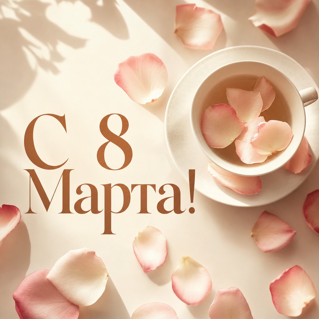 Спокойная открытка к 8 Марта с фарфоровой чашкой и нежными розовыми лепестками.