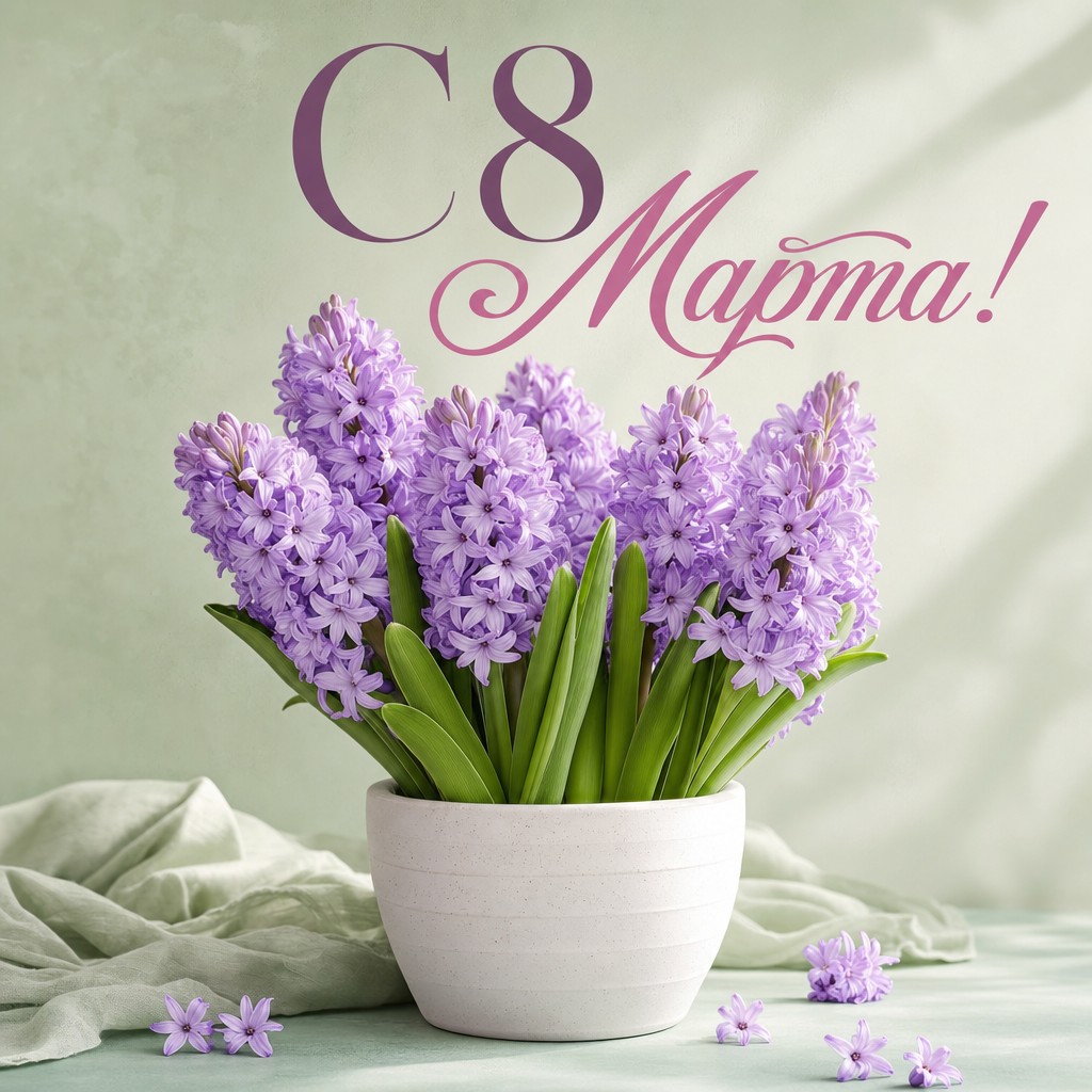 Нежная открытка к 8 Марта с цветущими сиреневыми гиацинтами в горшке.