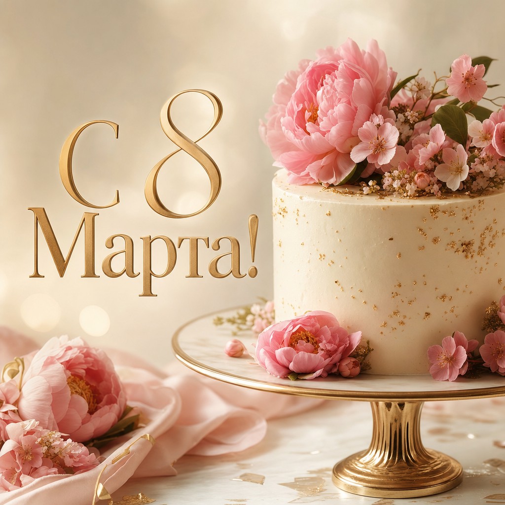 Праздничная открытка к 8 Марта с мини-тортом, розовыми цветами и золотыми деталями.
