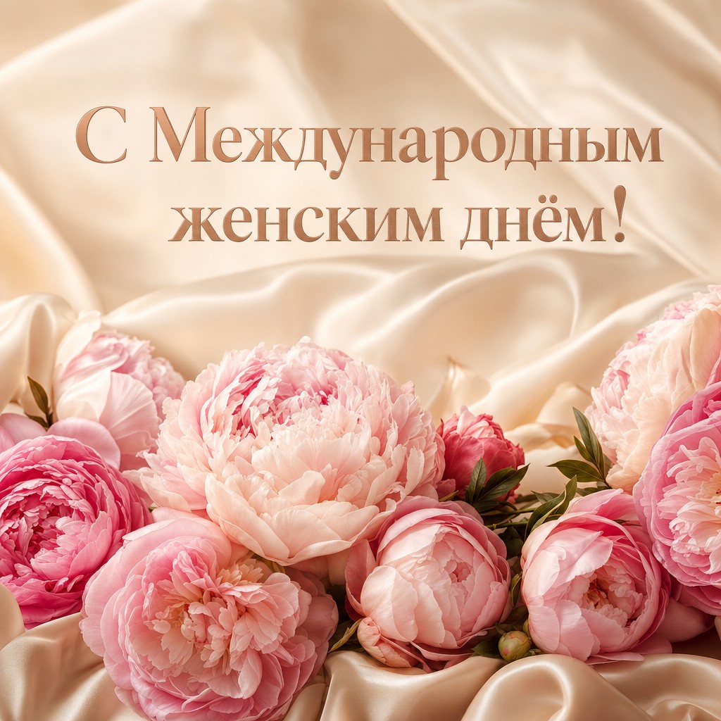 Элегантная открытка к 8 Марта с пышными пионами на атласном фоне цвета шампань.