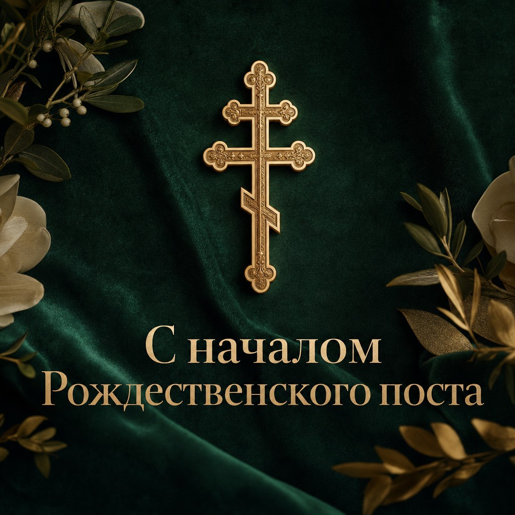 Премиальная открытка к началу Рождественского поста с золотым православным крестом на изумрудном фоне.