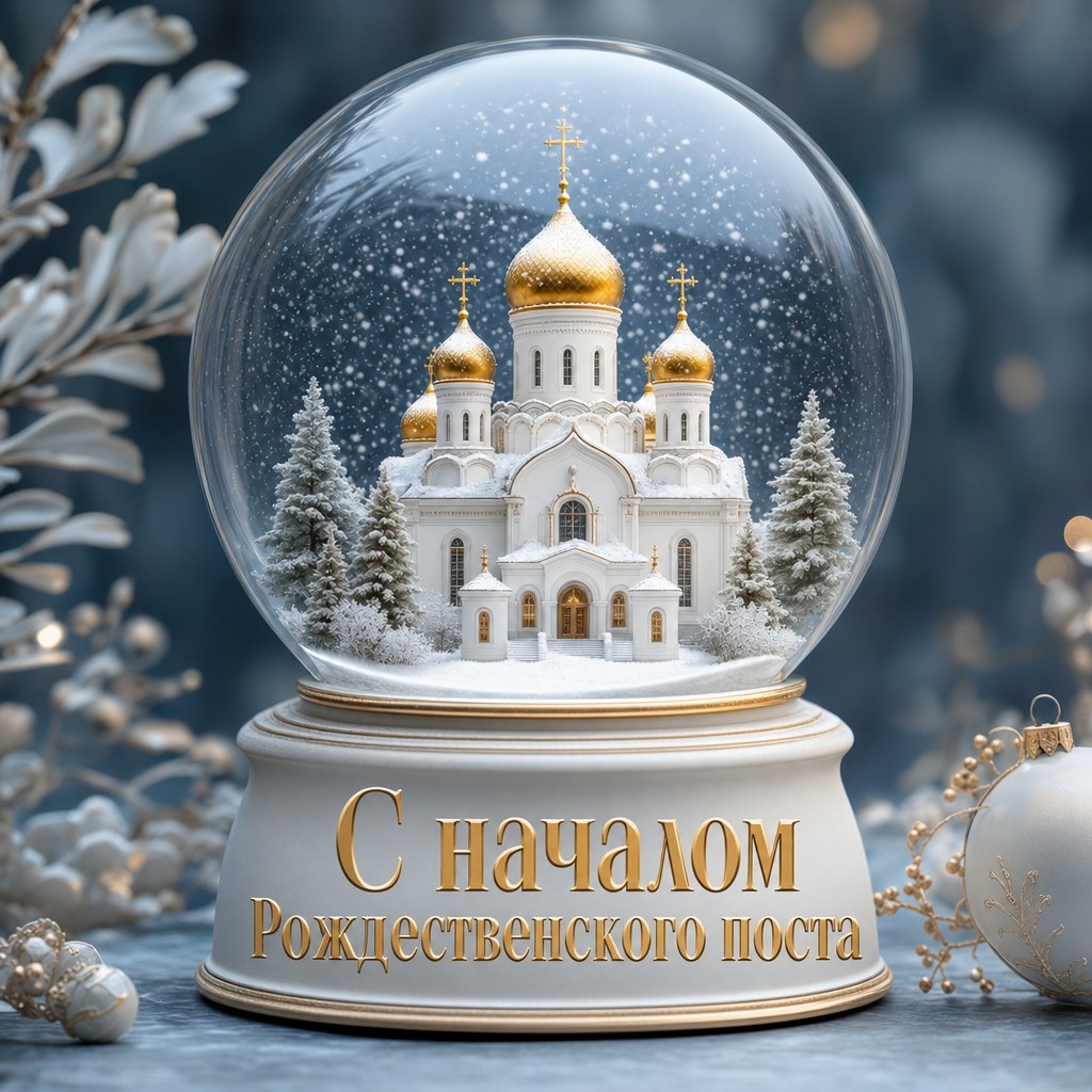 Уютная 3D-открытка к началу Рождественского поста со снежным шаром и маленьким храмом внутри.