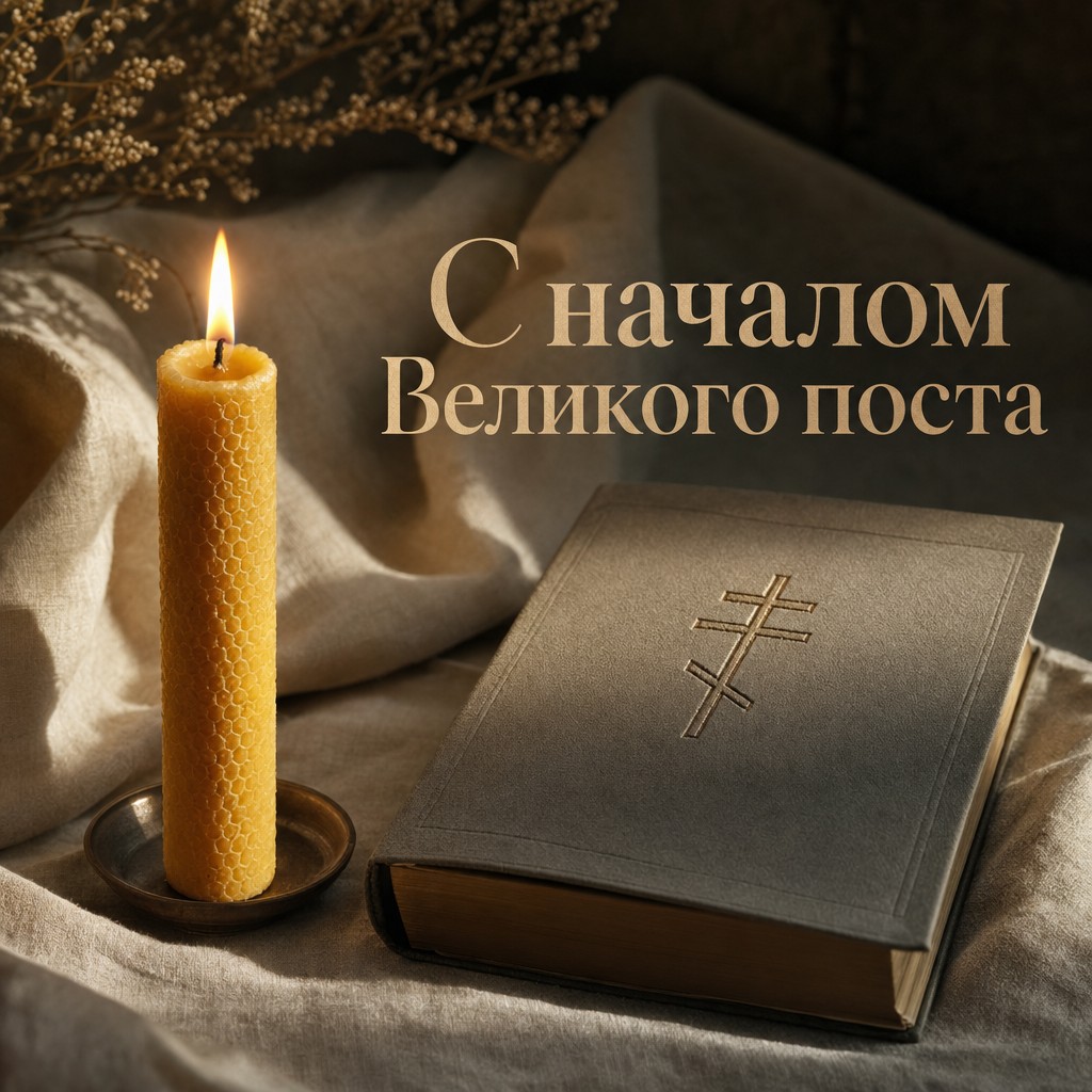 Сдержанная открытка на начало Великого поста с восковой свечой, молитвенником и тёплым спокойным светом.