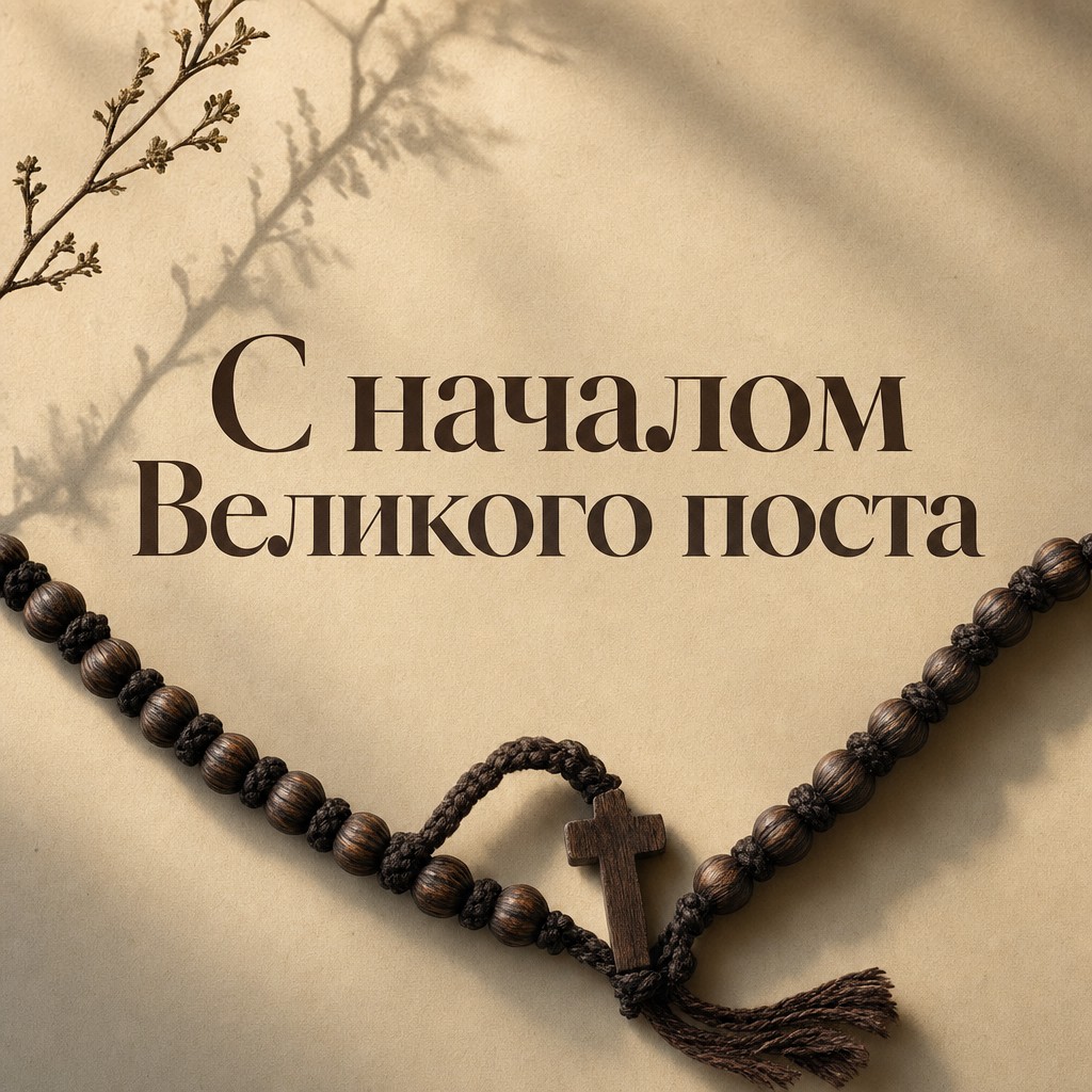 Современная открытка на начало Великого поста с молитвенными чётками, чистой композицией и спокойной палитрой.