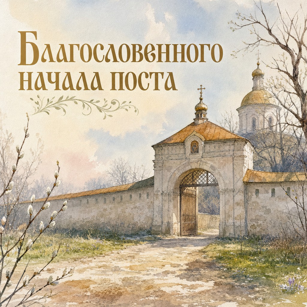 Акварельная открытка на начало Великого поста с монастырскими воротами и тихим весенним настроением.