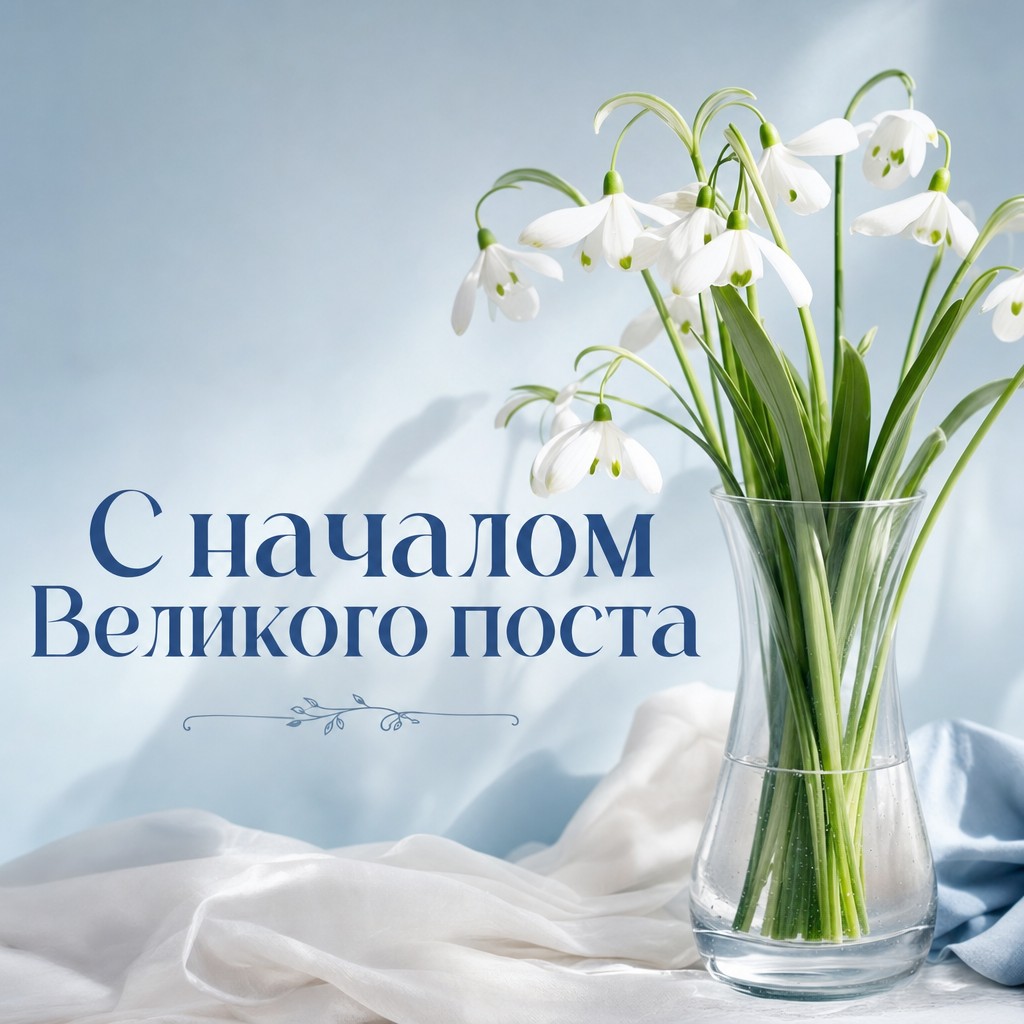 Светлая открытка на начало Великого поста с реалистичными подснежниками и мягким весенним настроением.