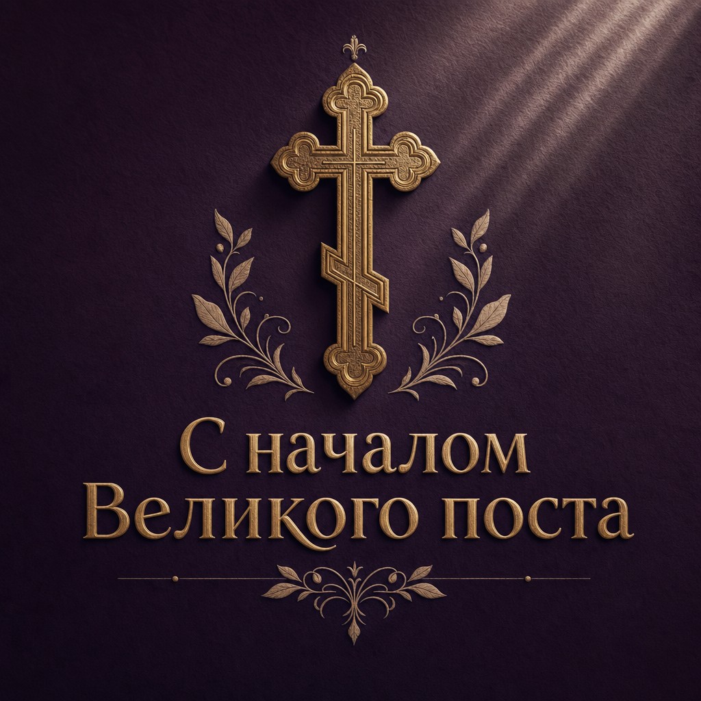 Премиальная открытка на начало Великого поста с золотым тиснёным православным крестом на фактурной бумаге.