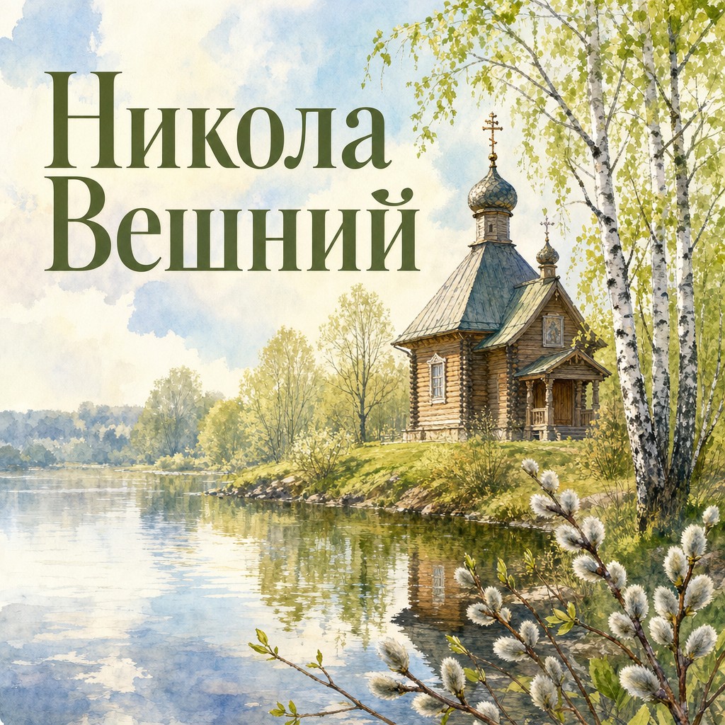 Нежная акварельная открытка на День святителя Николая с деревянной часовней и весенней рекой.