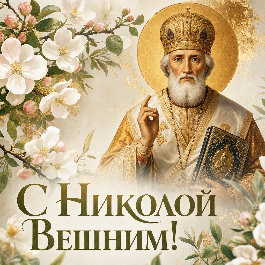 Премиальная открытка на Никола Вешний с иконой святителя Николая и весенними цветами.