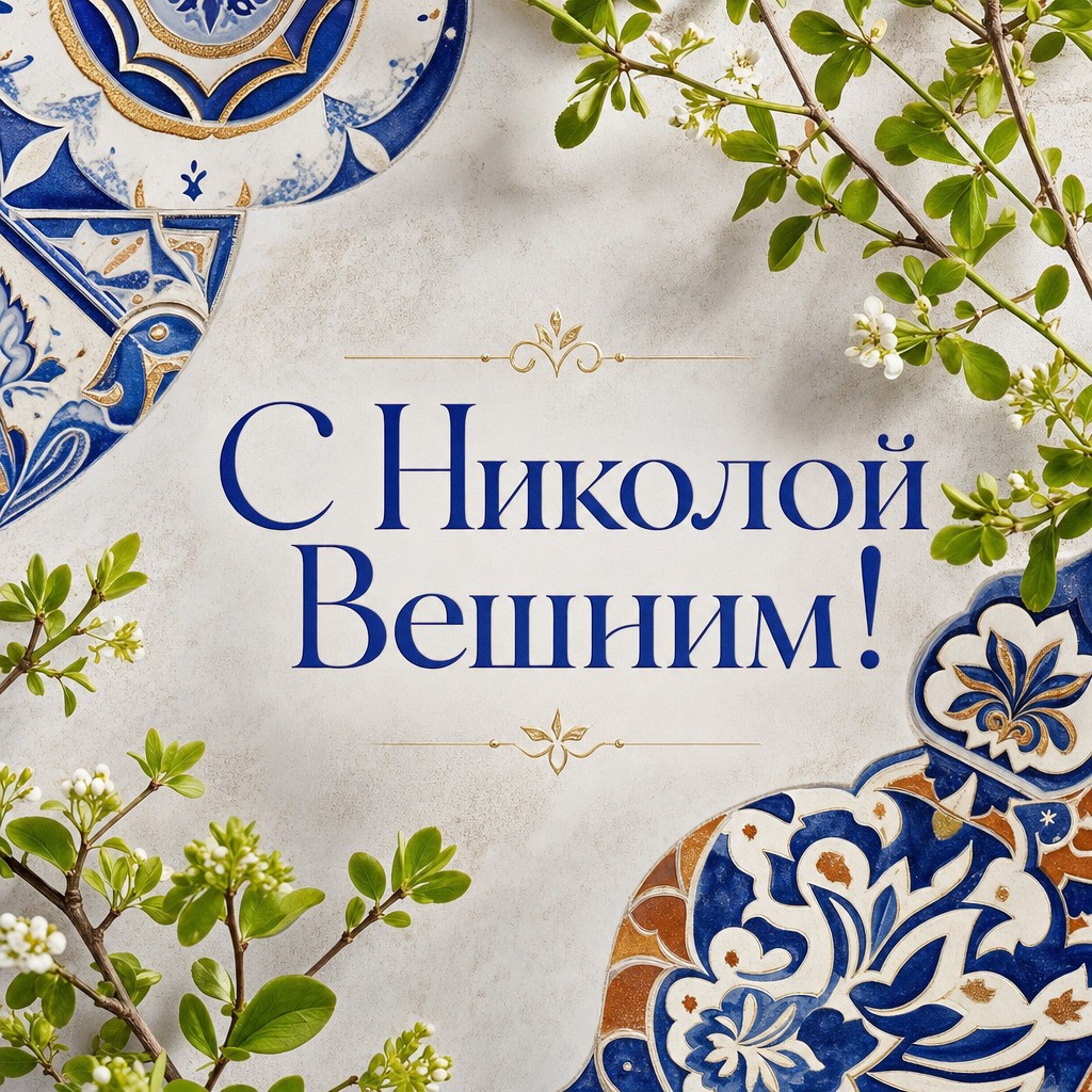 Современная открытка на День святителя Николая с церковным орнаментом, золотом и весенней зеленью.