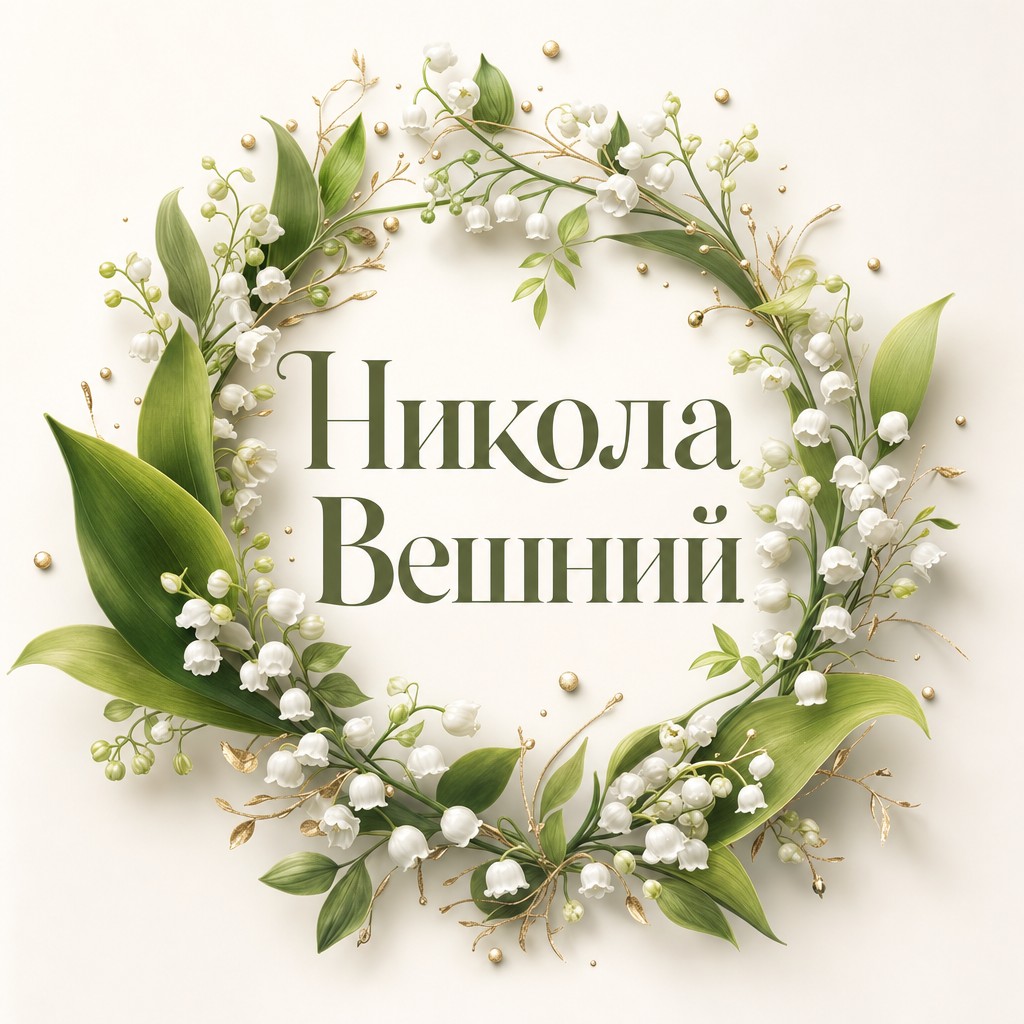 Нежная открытка на День святителя Николая с венком из ландышей, зелени и светлых акцентов.