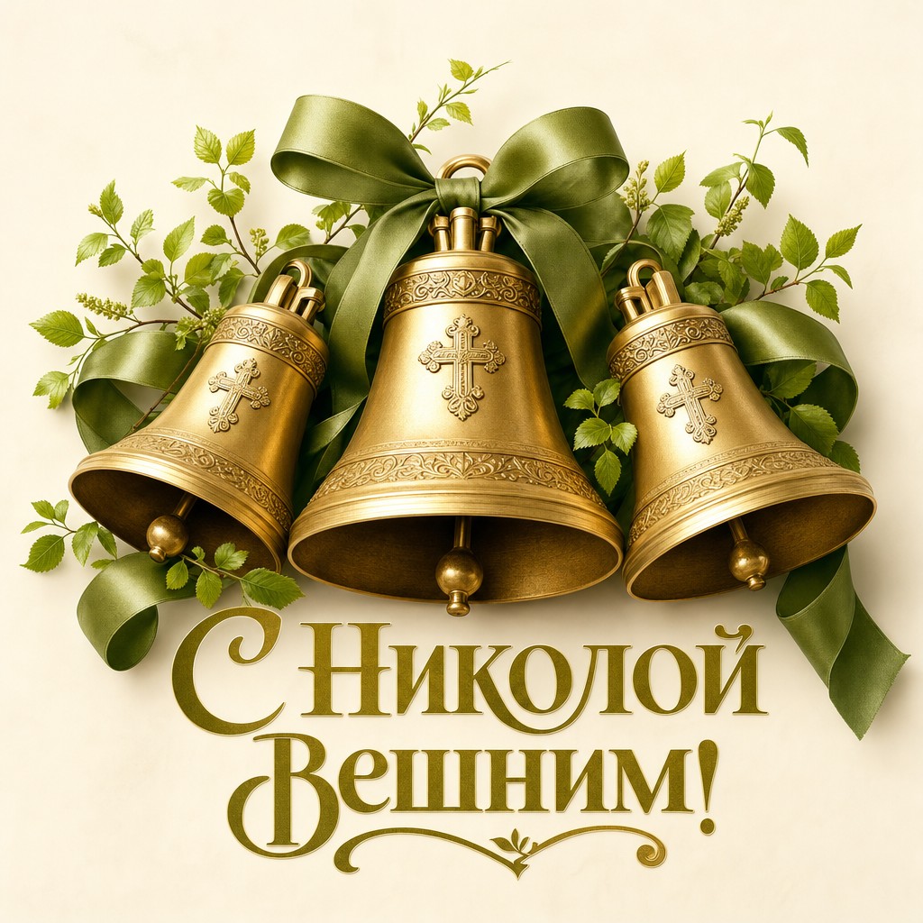 Праздничная открытка на Никола Вешний с золотыми церковными колоколами и весенней зеленью.