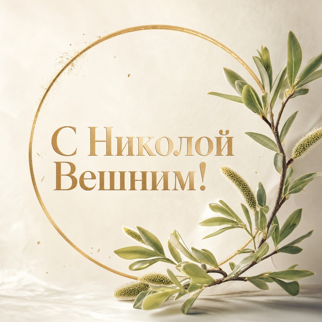 Лаконичная премиальная открытка на День святителя Николая с золотым нимбом и весенней ветвью.