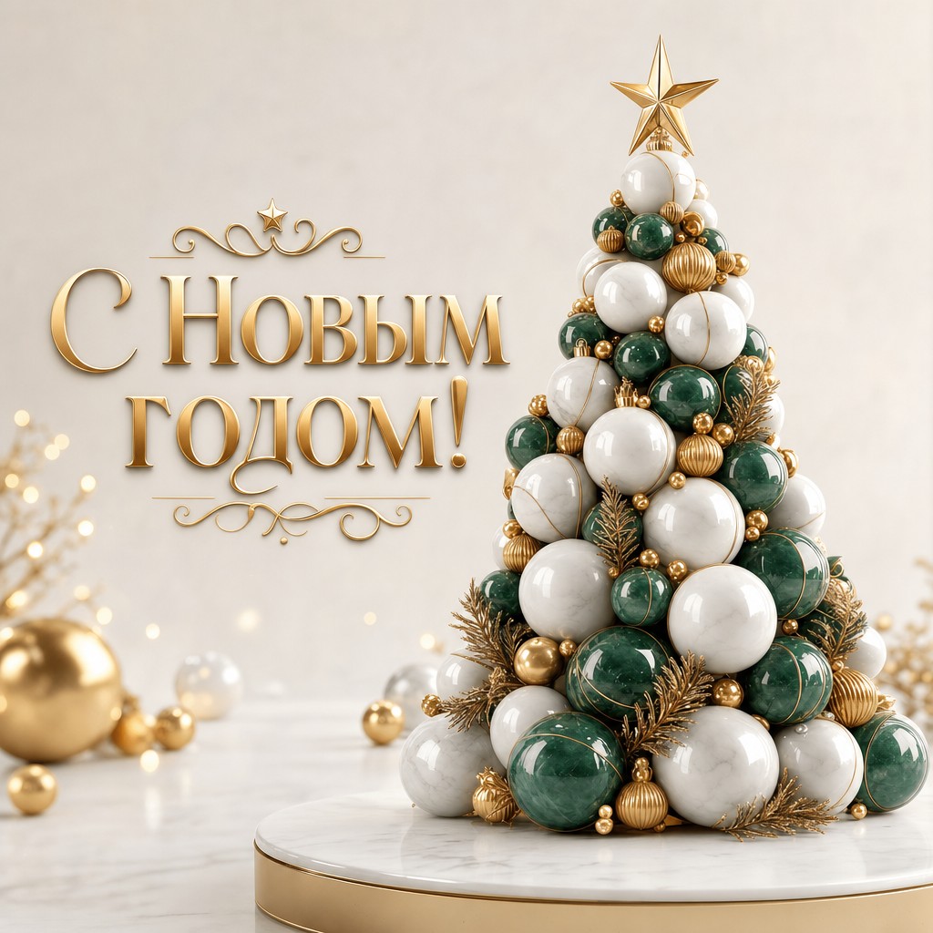 Современная открытка на Новый год с 3D-елкой из глянцевых шаров, нефритом и золотом.