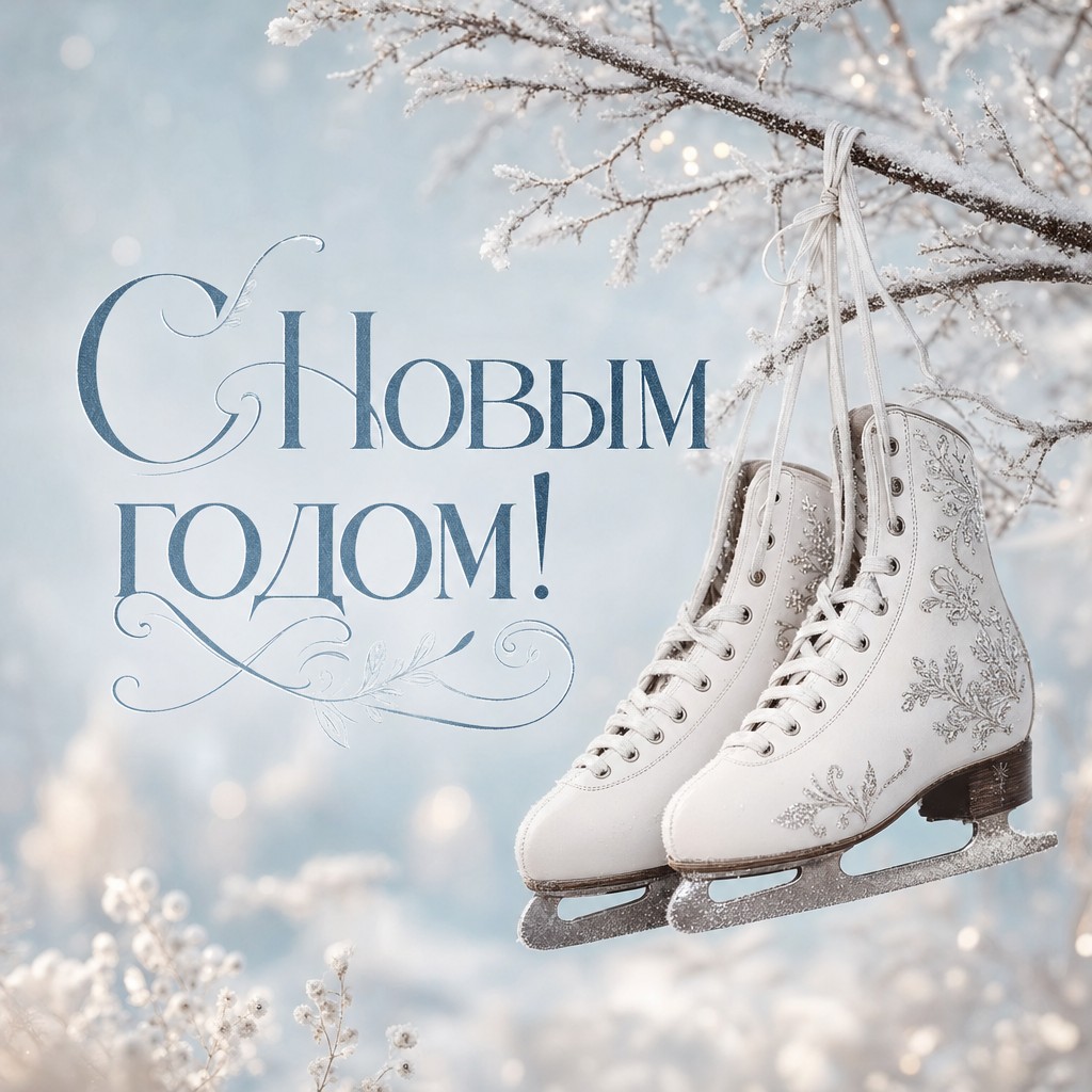 Нежная открытка на Новый год с белыми коньками, серебристым инеем и пастельным зимним настроением.