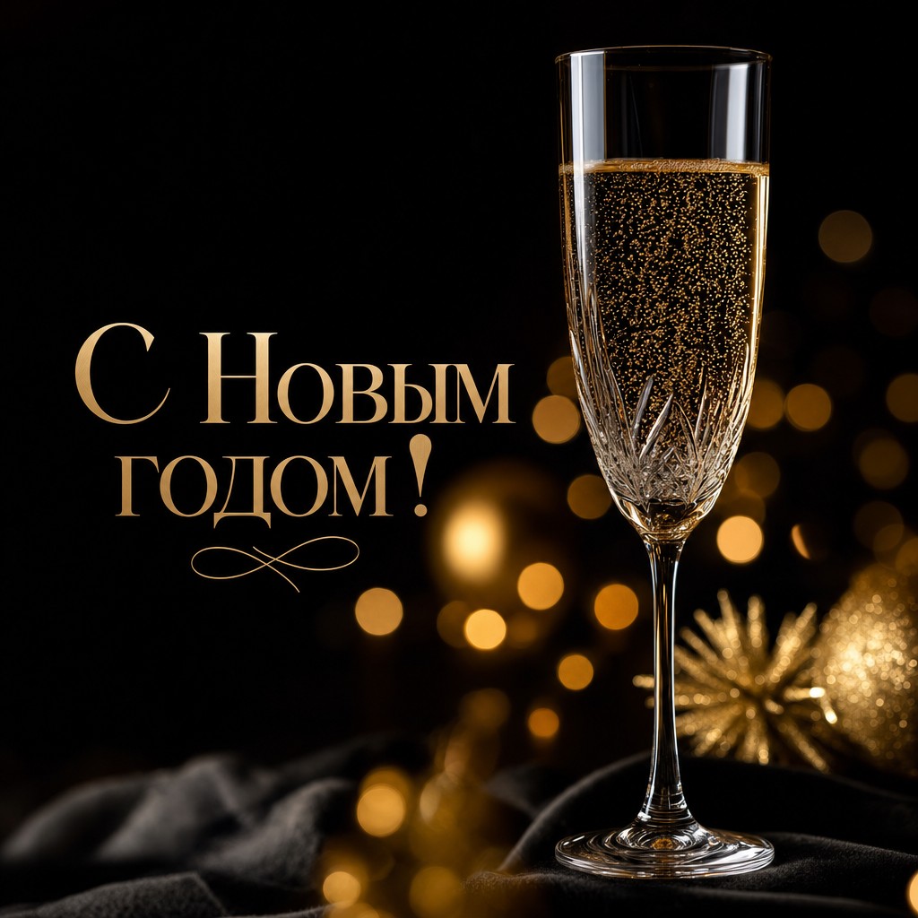 Стильная новогодняя открытка с бокалом шампанского, золотыми пузырьками и премиальным праздничным настроением.