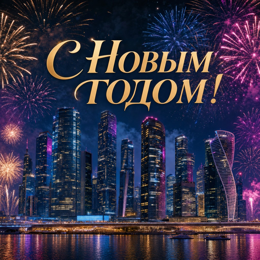 Яркая открытка на Новый год с фейерверками, ночным городом и праздничной энергией.