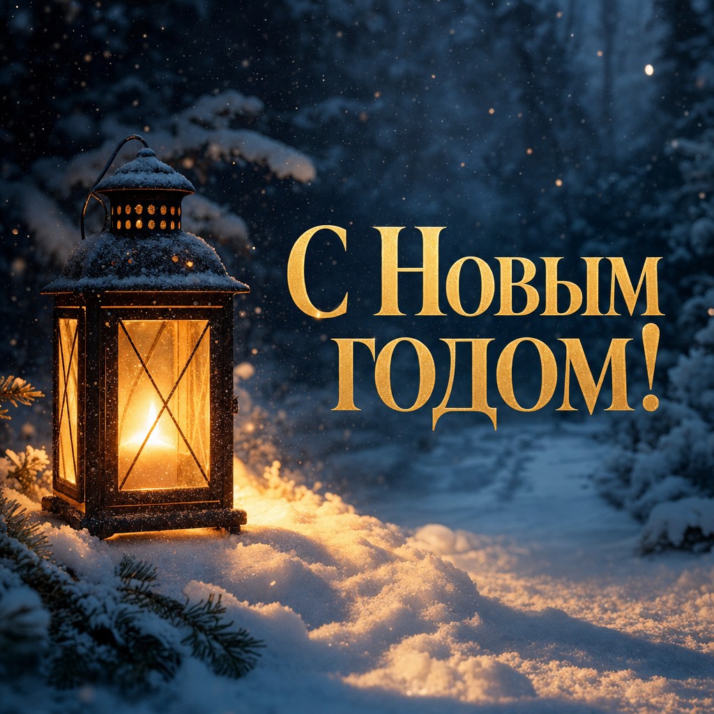 Атмосферная открытка на Новый год с теплым фонарем на снегу и кинематографичным зимним светом.