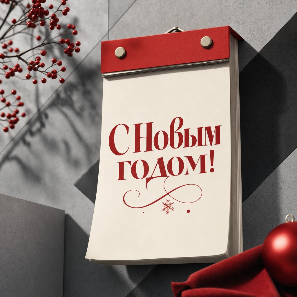Современная открытка на Новый год с календарем первого января, красным акцентом и графичной композицией.