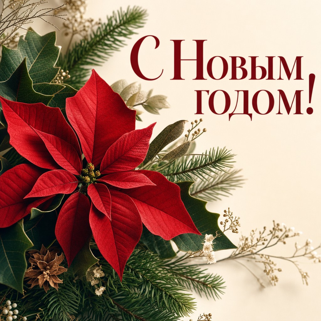 Элегантная новогодняя открытка с красной пуансеттией, зеленью и светлой праздничной композицией.