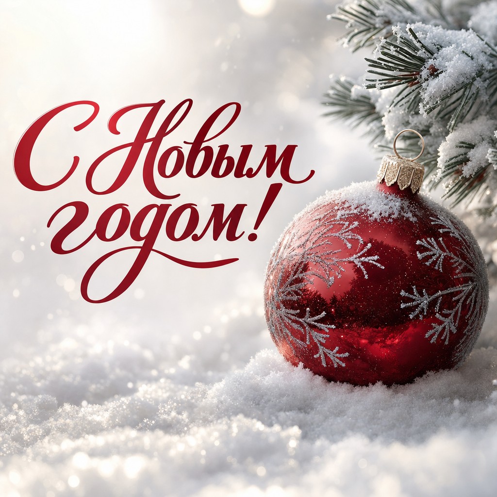 Красивая открытка на Новый год с красным елочным шаром на снегу и мягким зимним светом.