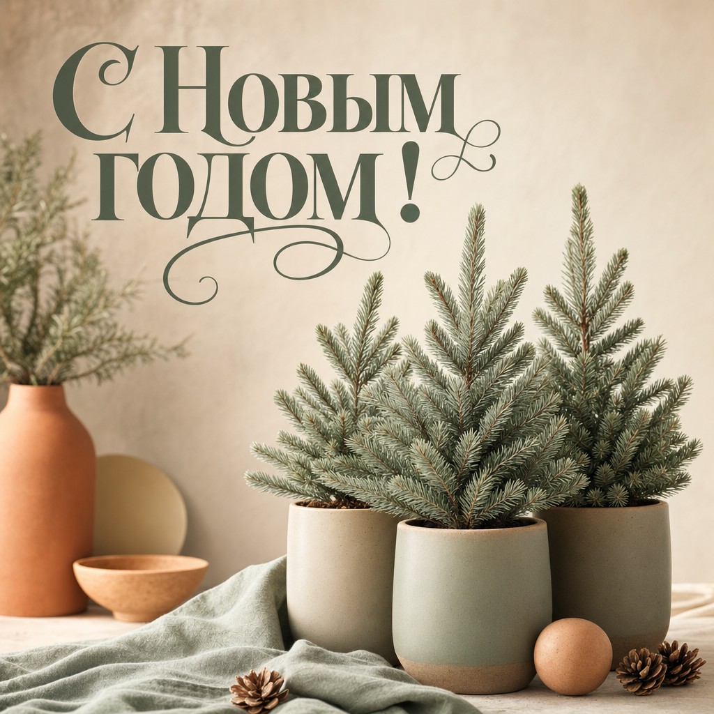 Нежная открытка на Новый год с мини-елками в керамических горшках и мягкой пастельной палитрой.