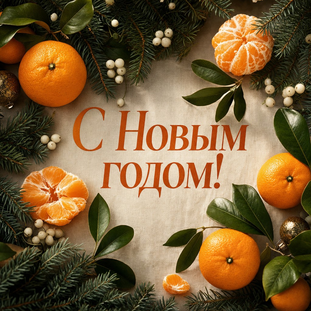 Свежая открытка на Новый год с мандаринами, хвоей и натуральным праздничным настроением.
