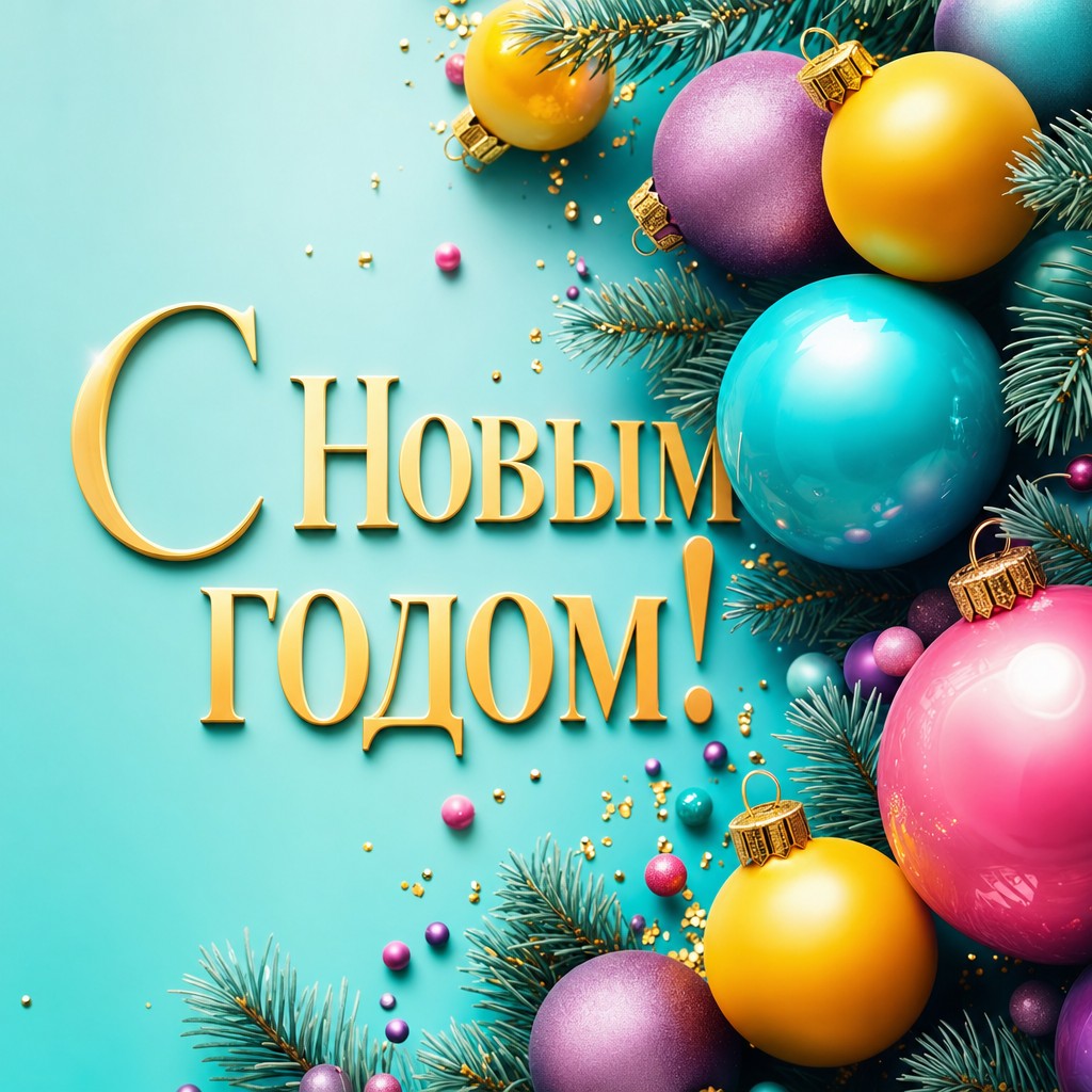 Яркая открытка на Новый год с разноцветными глянцевыми елочными шарами в современной палитре.