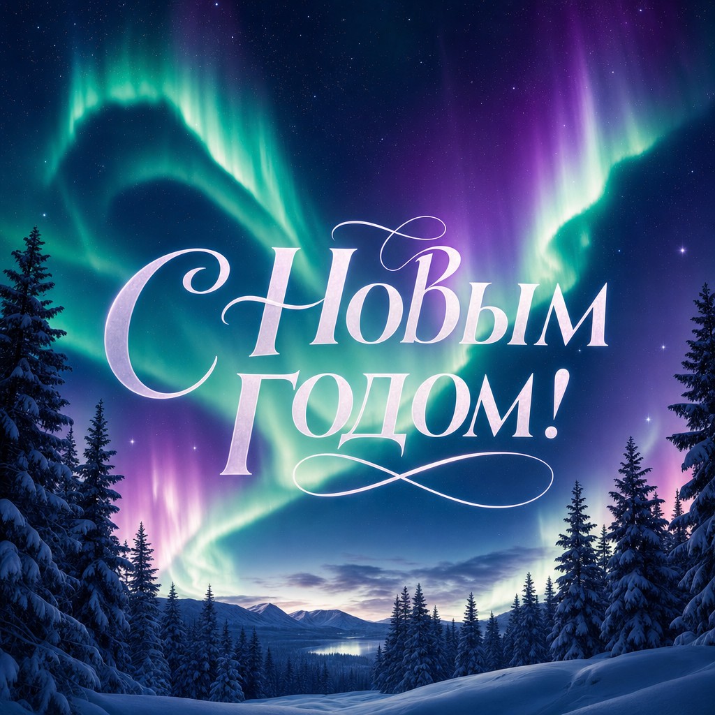 Волшебная открытка на Новый год с северным сиянием, темным небом и силуэтами заснеженных елей.